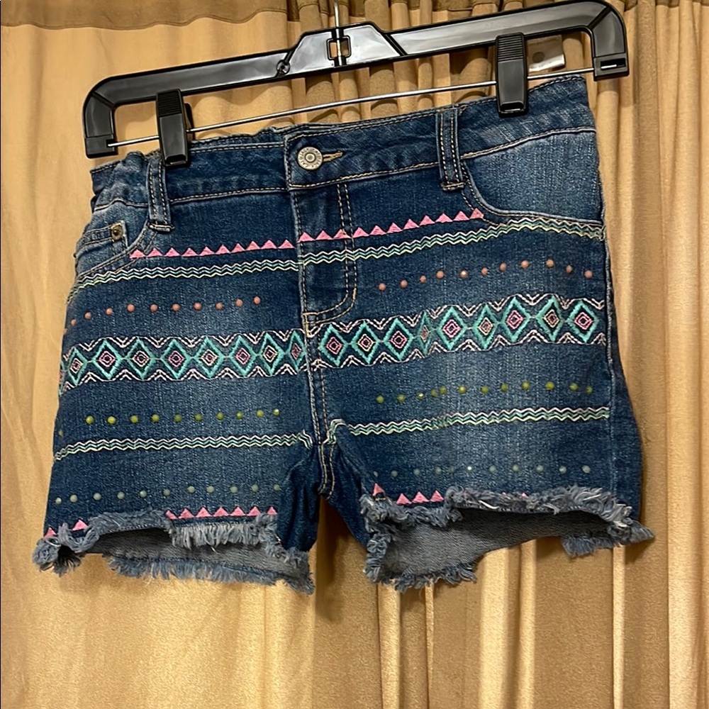 Girls L 10/12 Blue Denim Jean Shorts with Embroidered Pattern and Frayed Hem